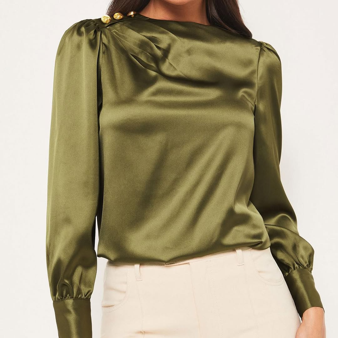 Green Satin Gold Button Shoulder Blouse
