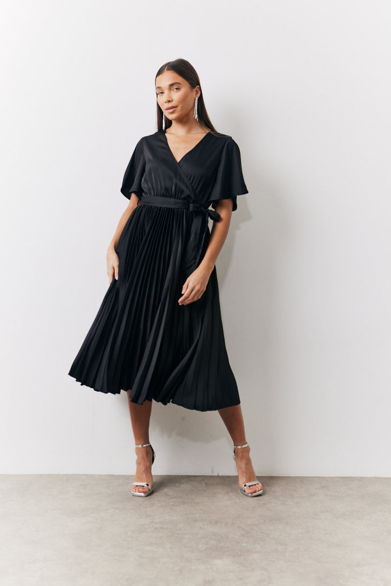 Pleated Black Midi Dress