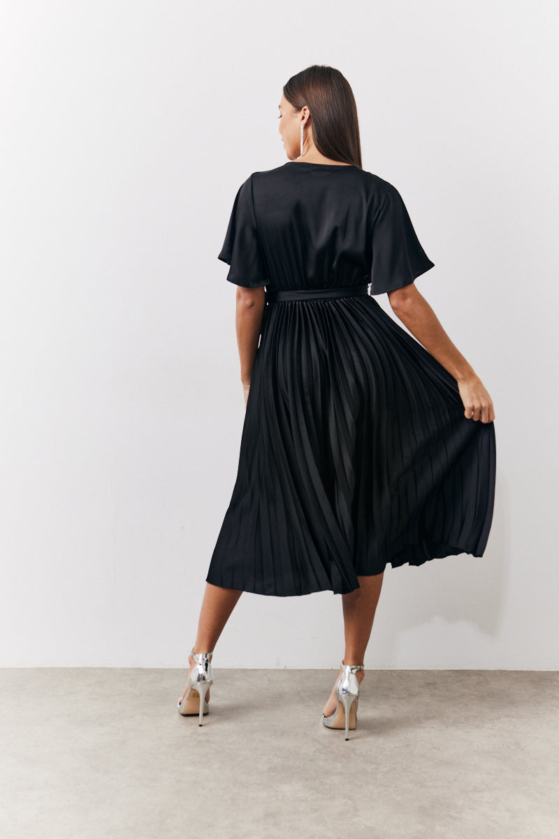 Pleated Black Midi Dress