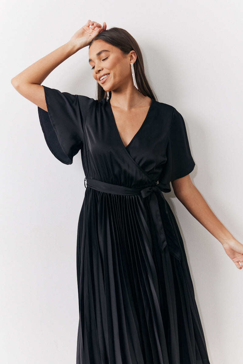 Pleated Black Midi Dress