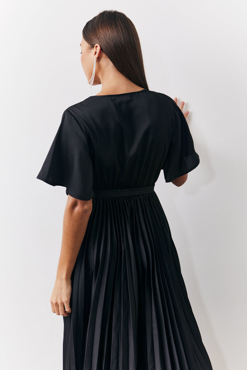 Pleated Black Midi Dress