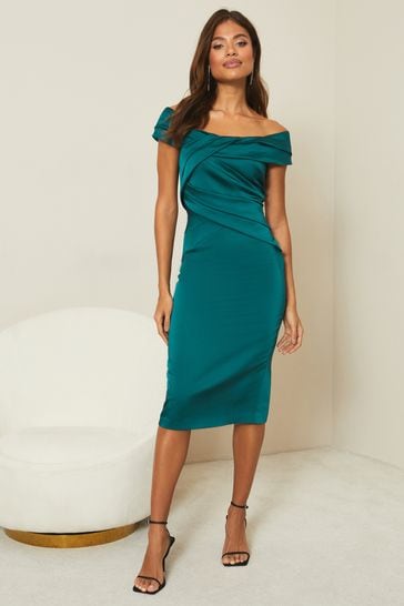 Premium Satin Bardot Midi Dress - Green
