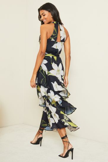Printed Tiered Halter Midi Dress