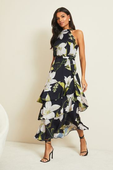 Printed Tiered Halter Midi Dress