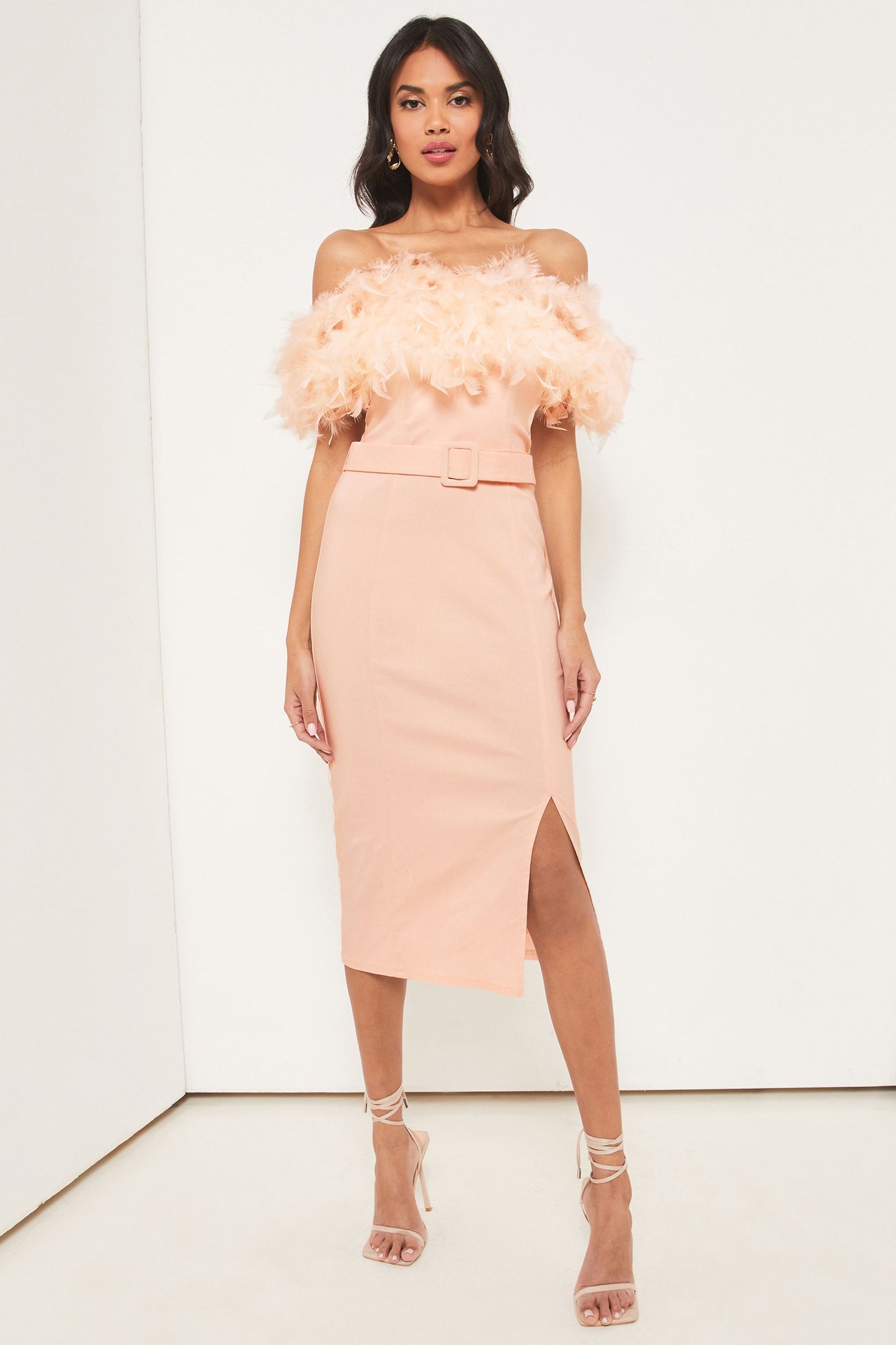 Premium Feather Belted Bardot Dress