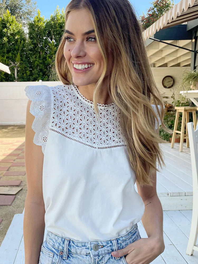 White Broderie Yoke Ruffle Shell Top