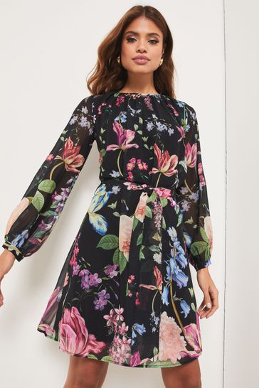 Black Print Long Sleeve Round Neck Belted Shift Summer Dress