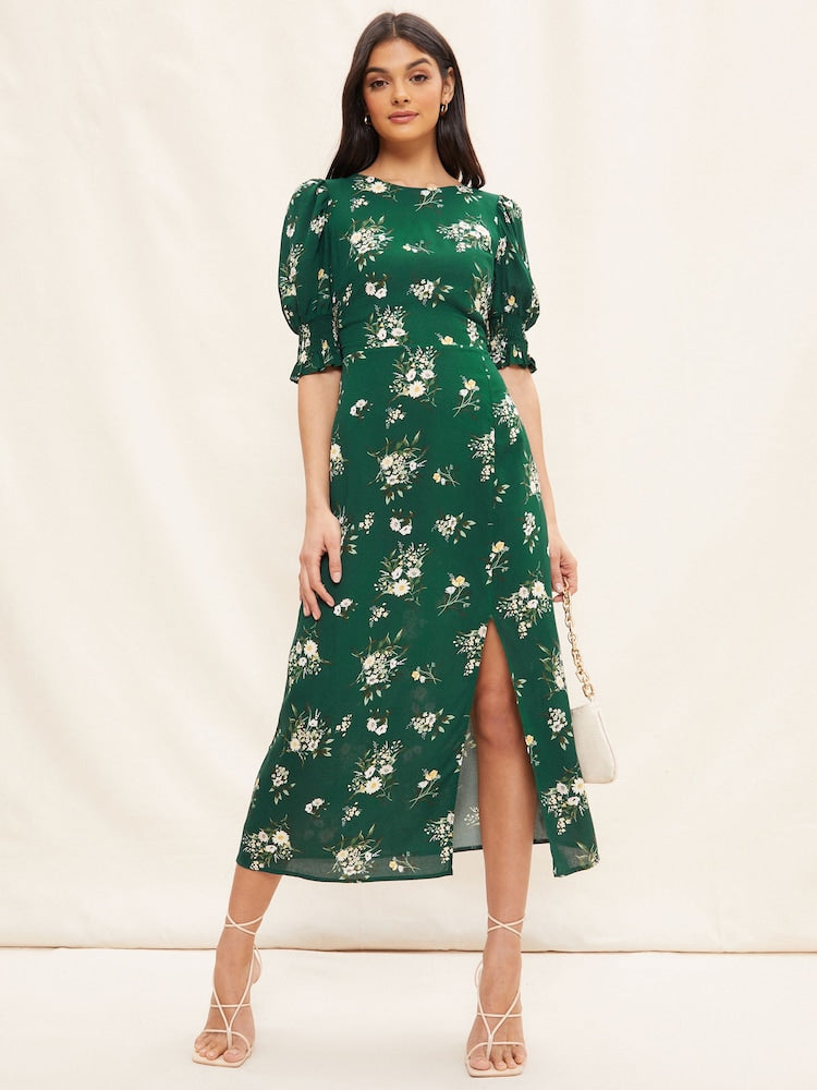 Green Puff Sleeve Split Midi Dress