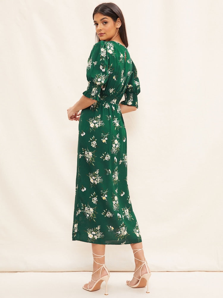 Green Puff Sleeve Split Midi Dress
