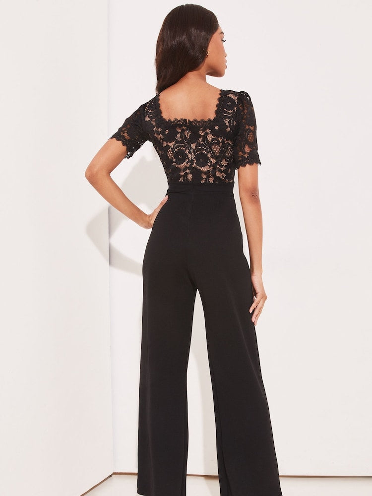 Black Lace Square Neck Summer Wide Leg Jumpsuit