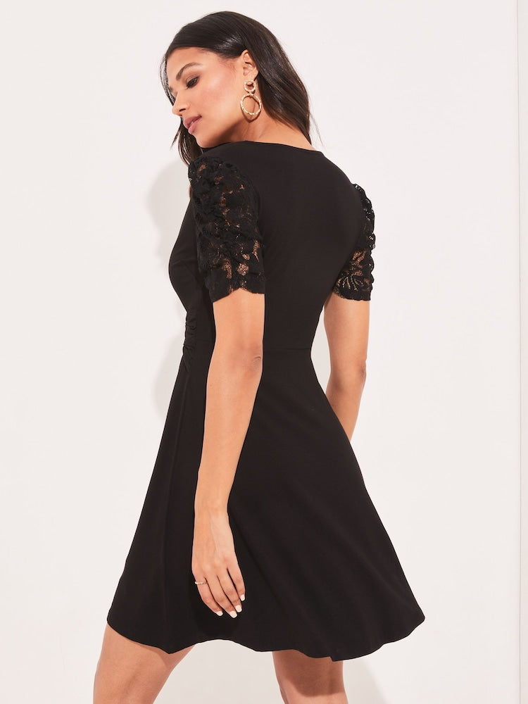 Black Lace Petite Jersey Knot Front Mini Skater Dress