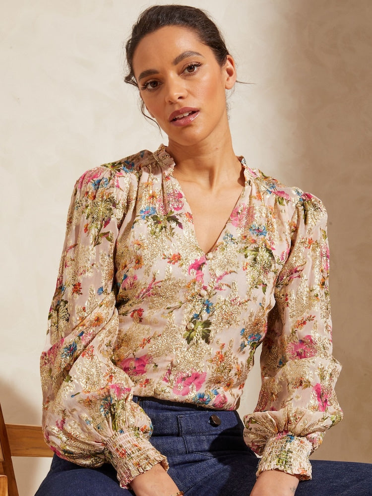 Metallic Floral Frill Neck V Neck Long Sleeve