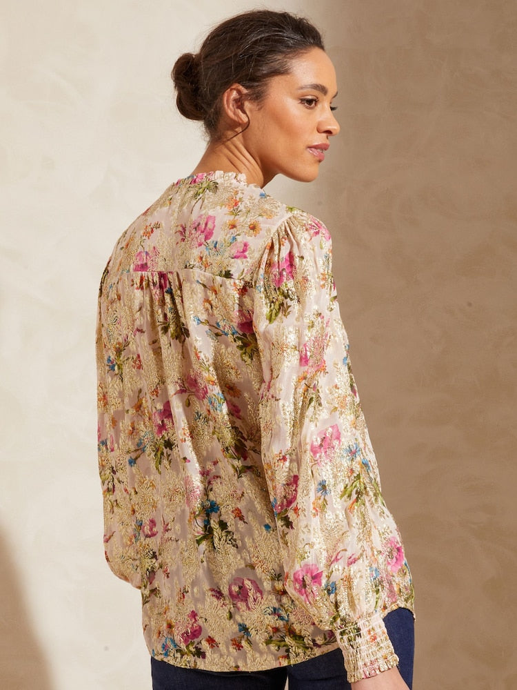 Metallic Floral Frill Neck V Neck Long Sleeve