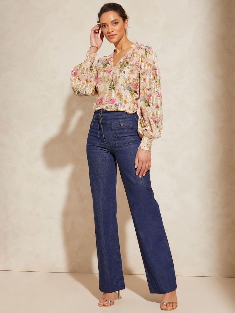 Metallic Floral Frill Neck V Neck Long Sleeve