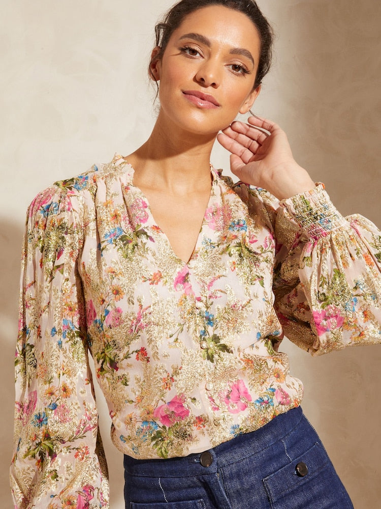 Metallic Floral Frill Neck V Neck Long Sleeve