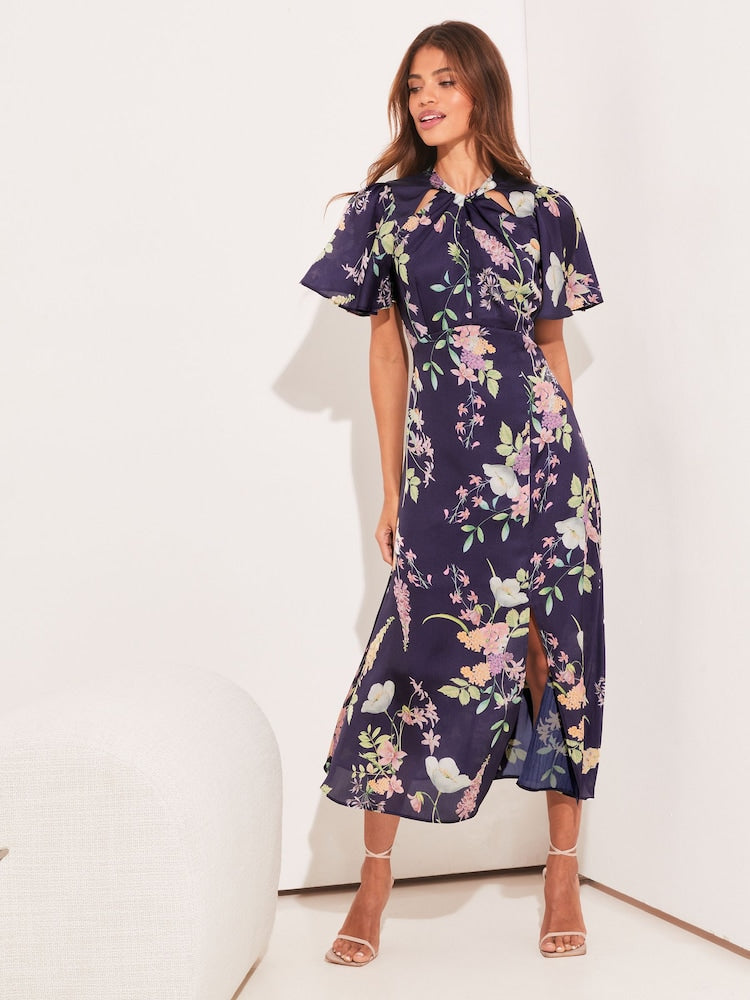 Navy Flutter Sleeve Keyhole Front Split Midi Dress