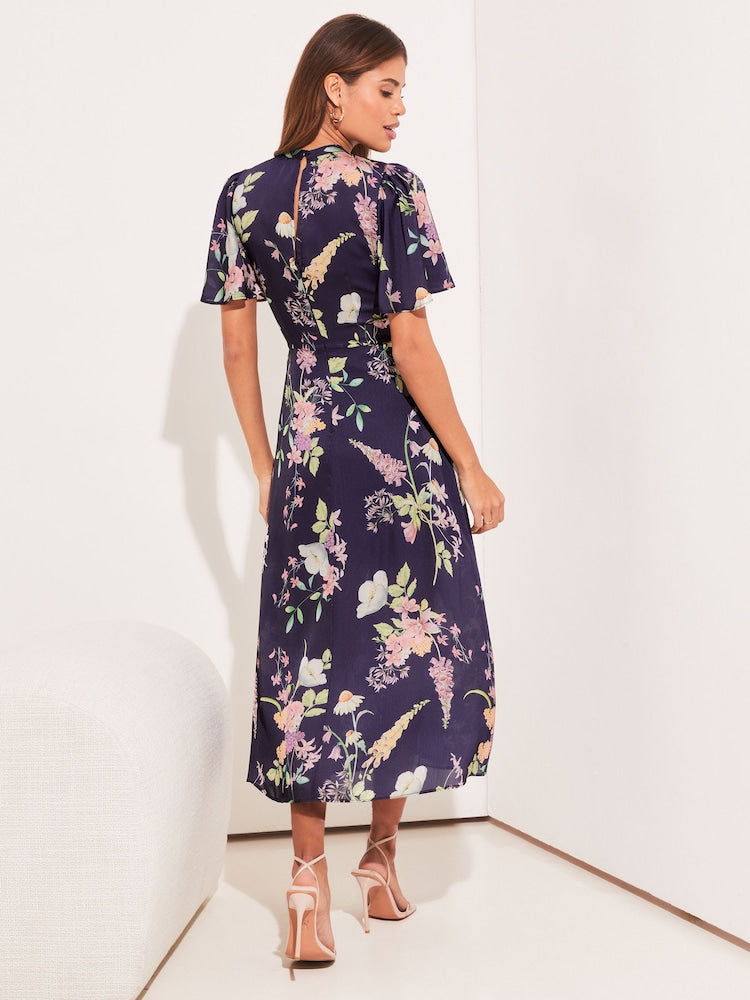 Navy Flutter Sleeve Keyhole Front Split Midi Dress