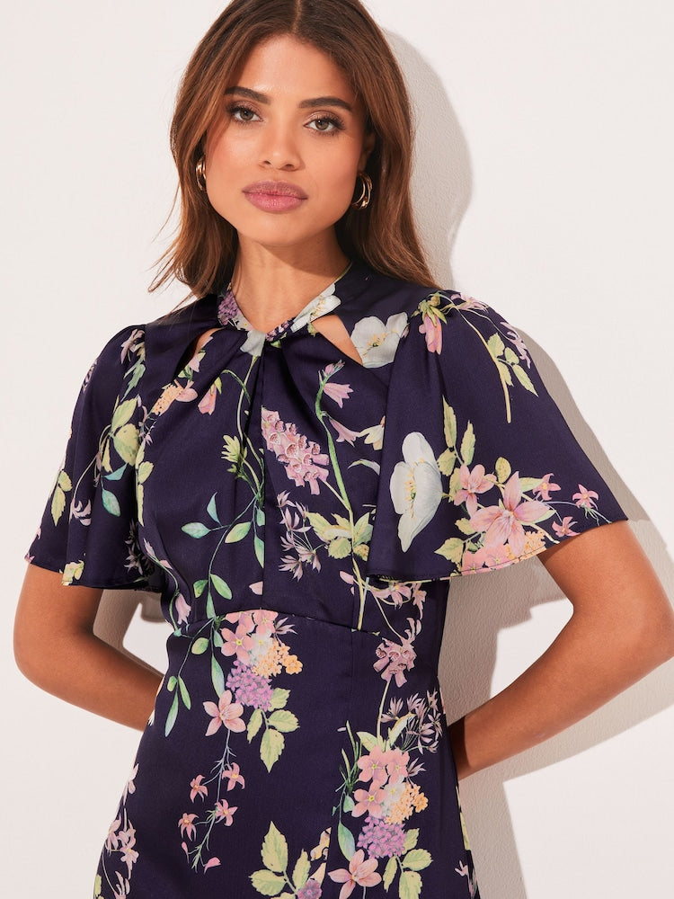 Navy Flutter Sleeve Keyhole Front Split Midi Dress