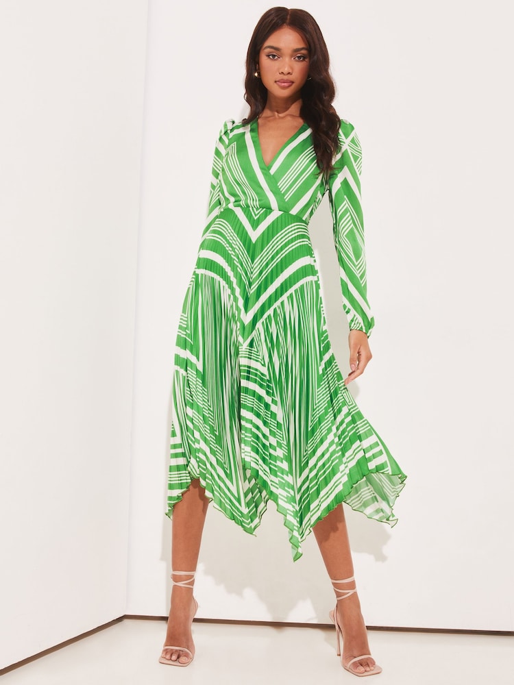 Green Print Long Sleeve Pleated Wrap Midi Dress