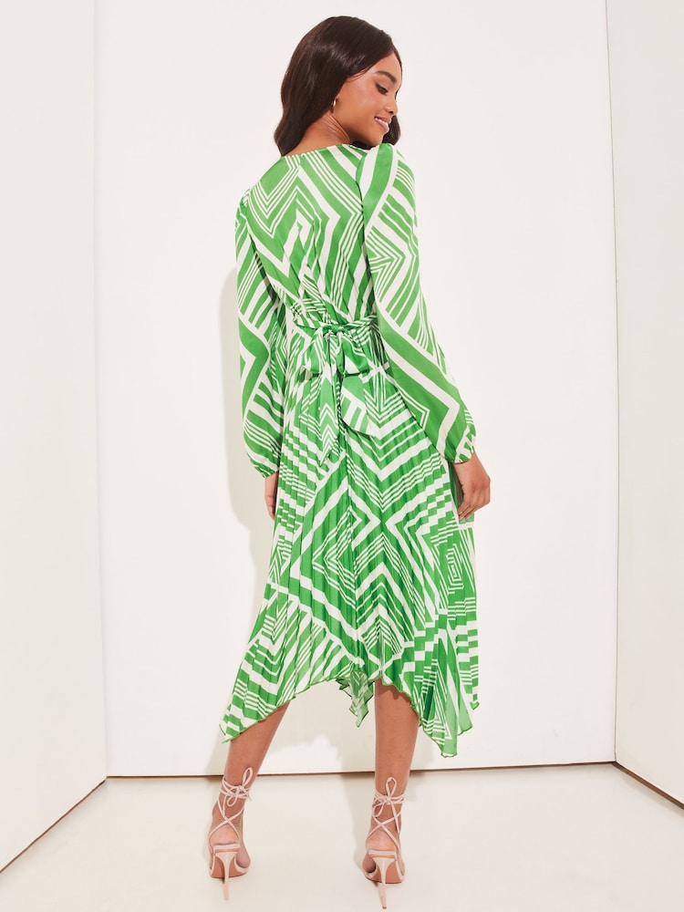 Green Print Long Sleeve Pleated Wrap Midi Dress