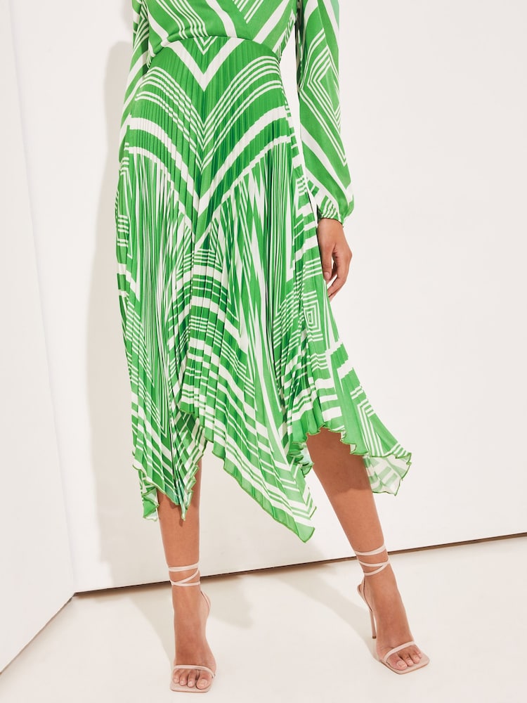 Green Print Long Sleeve Pleated Wrap Midi Dress