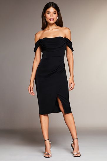 Bardot Split Wrap Skirt Midi Dress Black