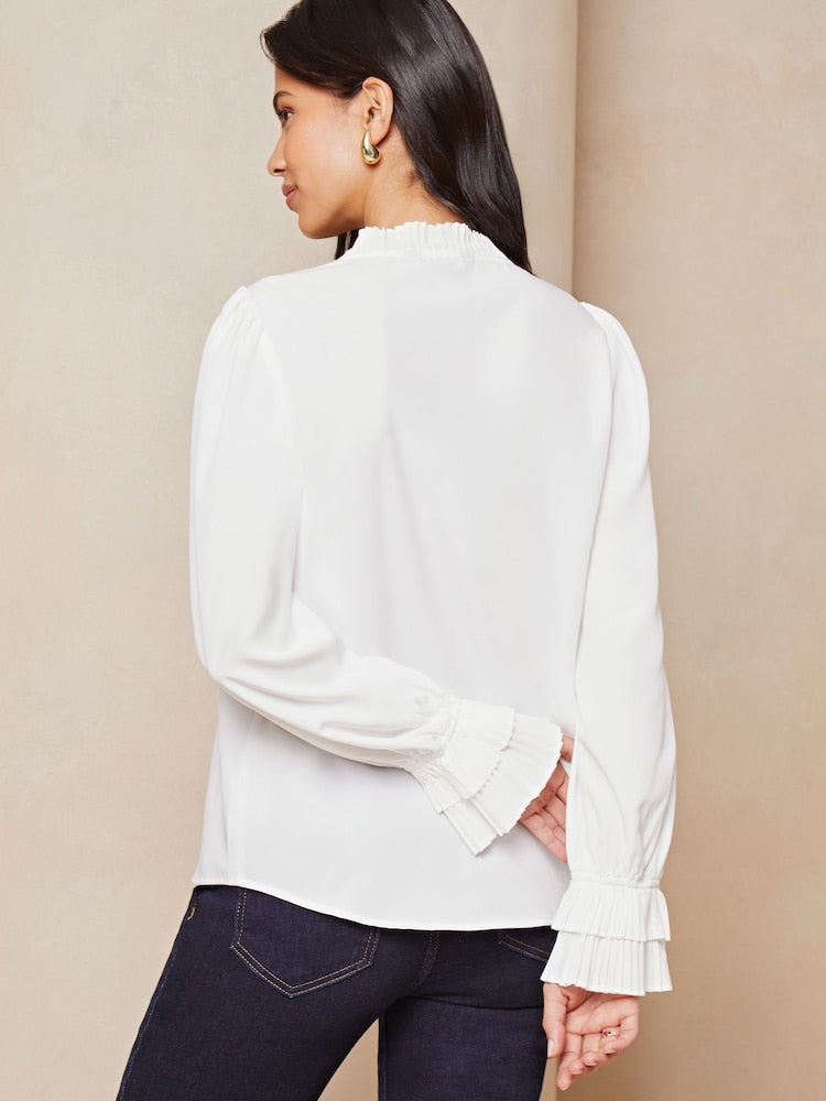 White Frill Ruffle V Neck Long Sleeve Blouse