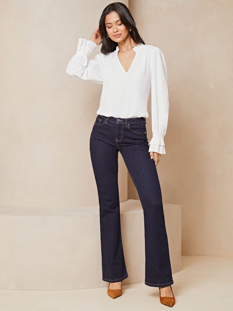 White Frill Ruffle V Neck Long Sleeve Blouse