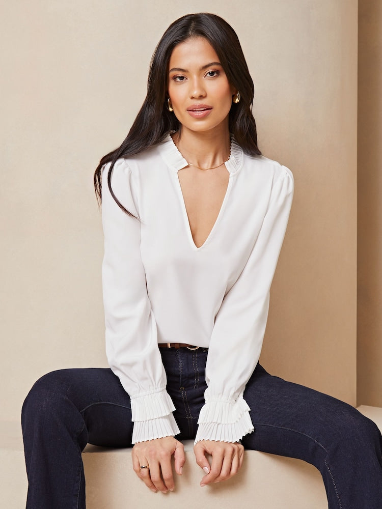 White Frill Ruffle V Neck Long Sleeve Blouse