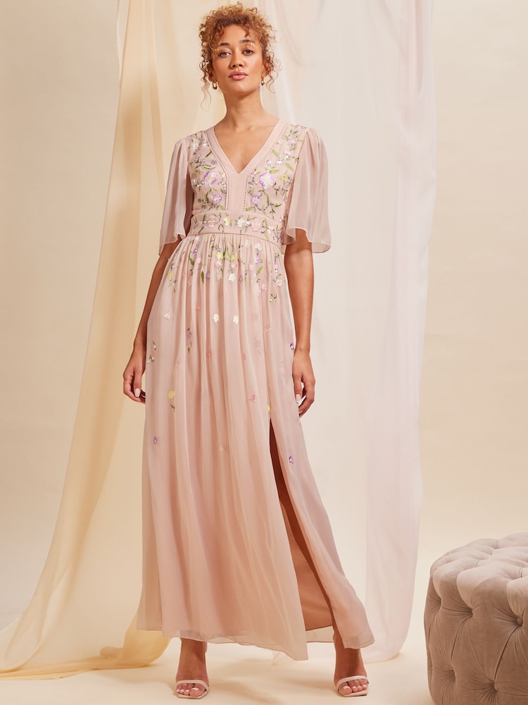 Pink Embellished Chiffon Flutter Sleeve Dress