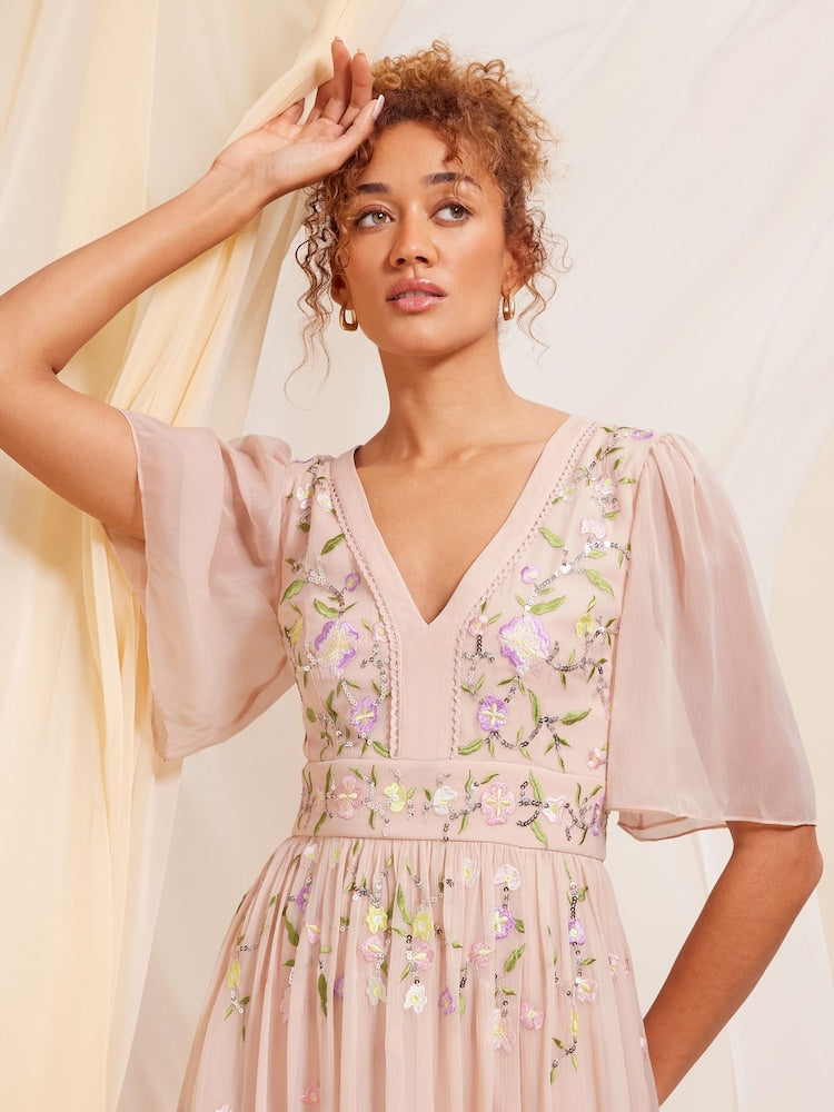 Pink Embellished Chiffon Flutter Sleeve Dress