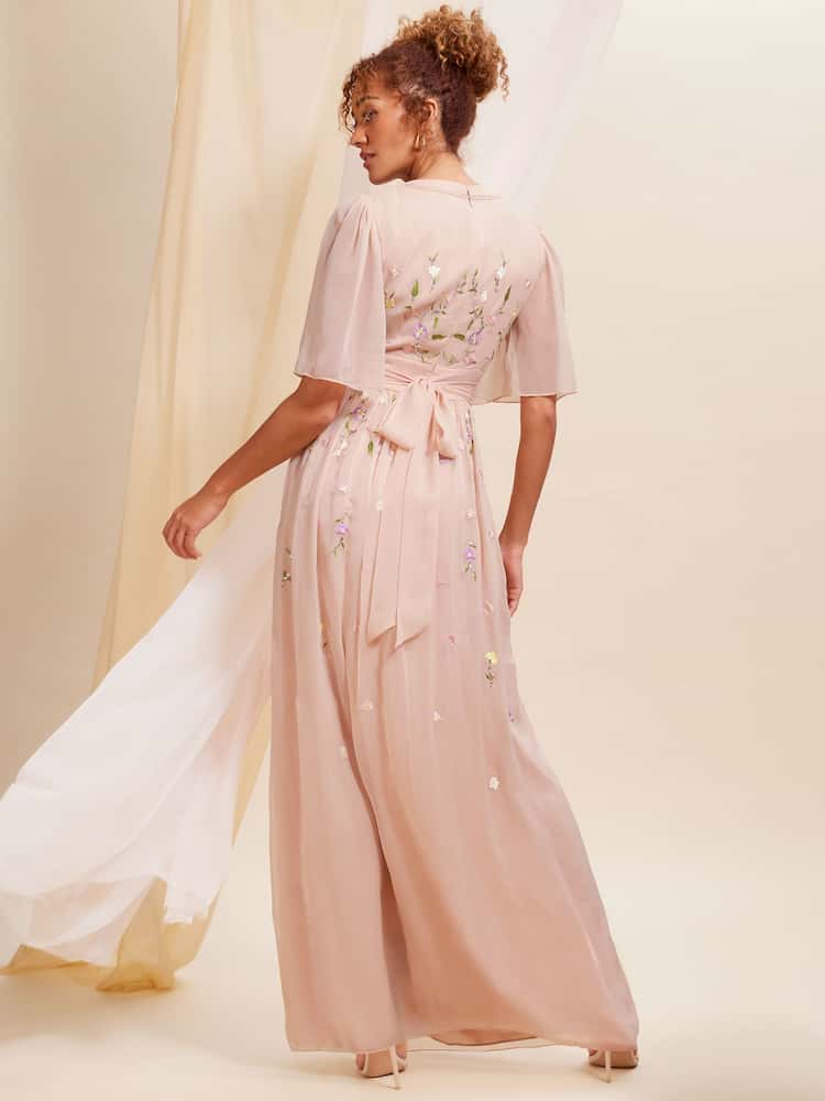 Pink Embellished Chiffon Flutter Sleeve Dress