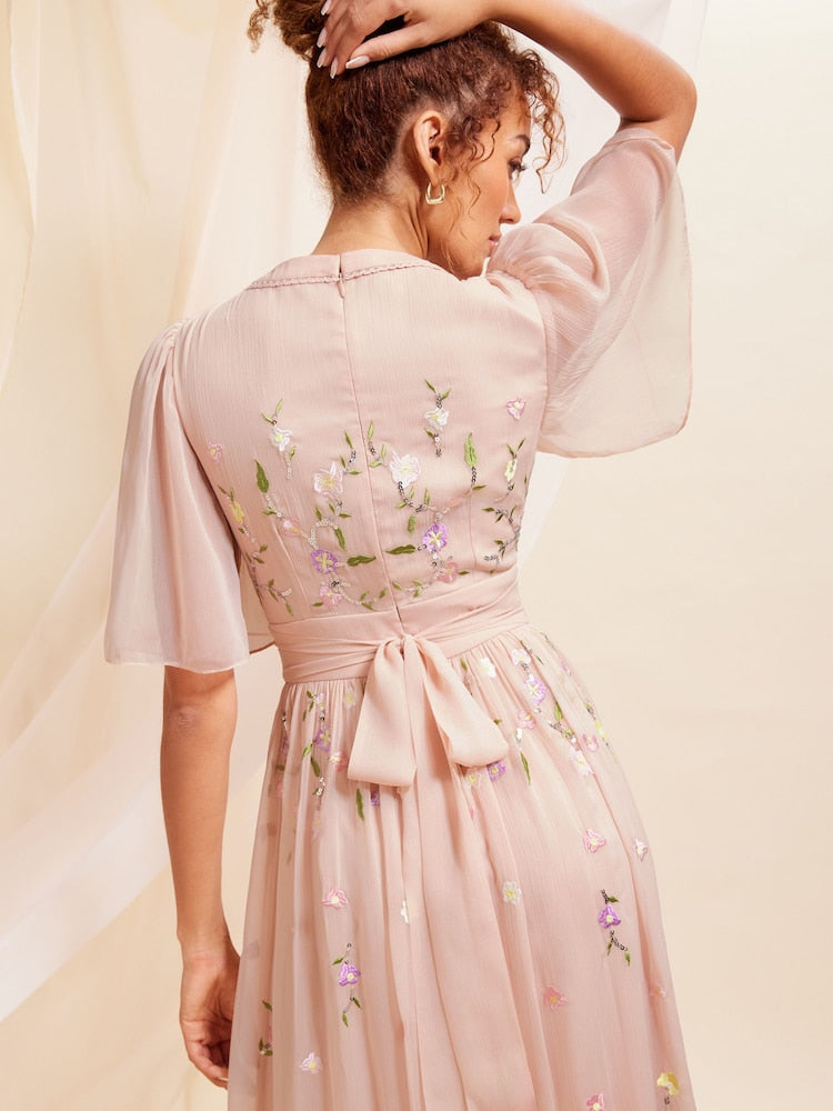 Pink Embellished Chiffon Flutter Sleeve Dress