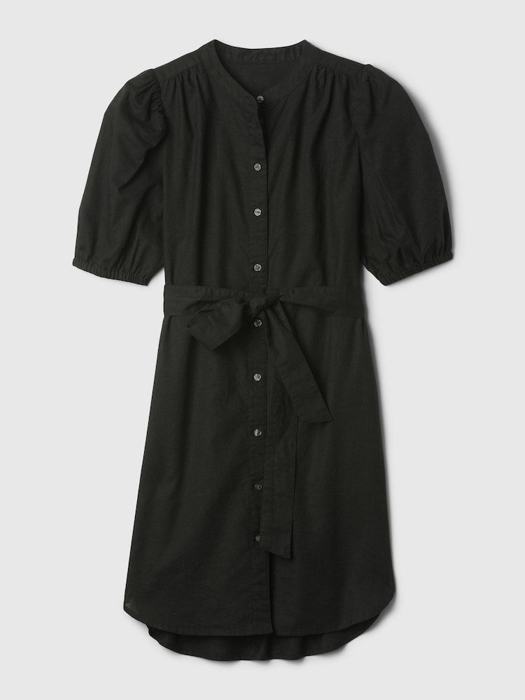 Black Linen Blend Short Puff Sleeve Mini Dress