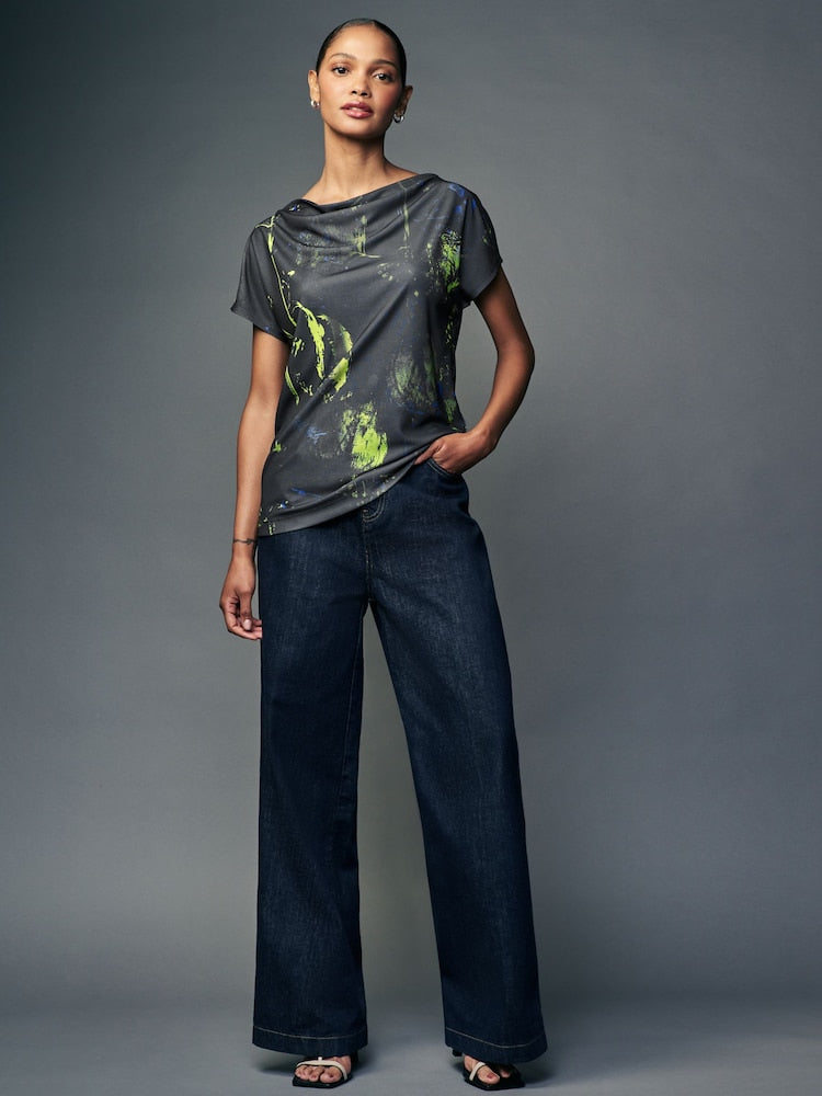 Navy Print Short Sleeve Cowl Neck Top