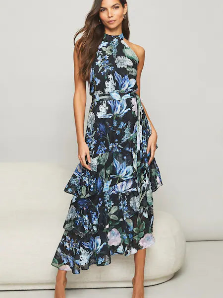 Blue Floral Petite Printed Tiered Halter Midi Dress