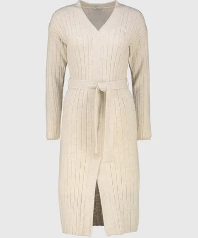 Women's Oatmeal Wide Rib Belted Jumper Dress