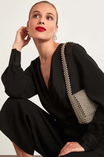 Black Long Sleeve Twist Front Jumpsuit