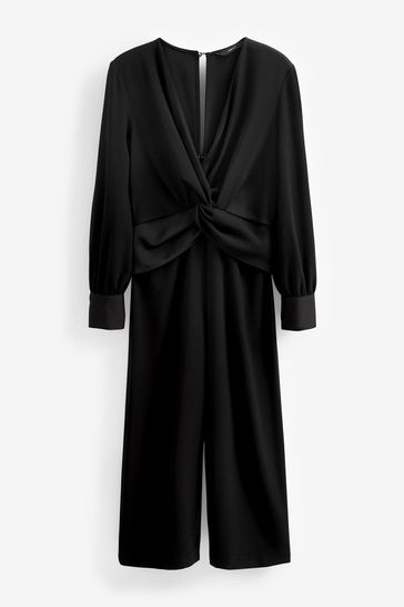 Black Long Sleeve Twist Front Jumpsuit