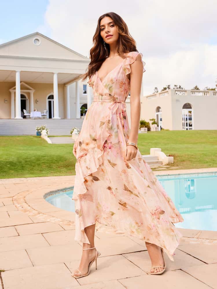 Pink Petite Ruffle Cap Sleeve Wrap Midi Dress
