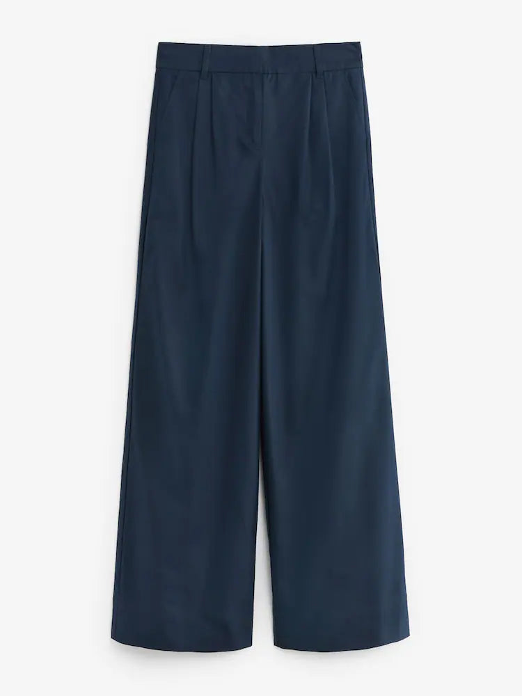 Navy Blue Cotton Mix Smart Wide Leg Trousers