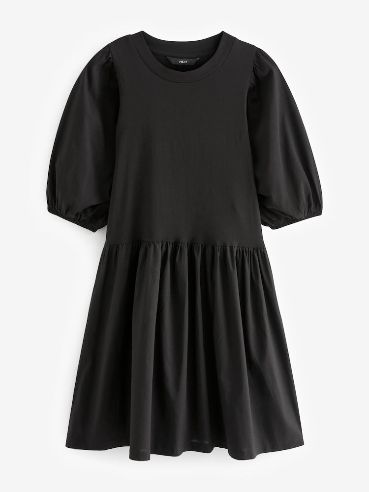 Black Puff Sleeve Mini Jersey Dress