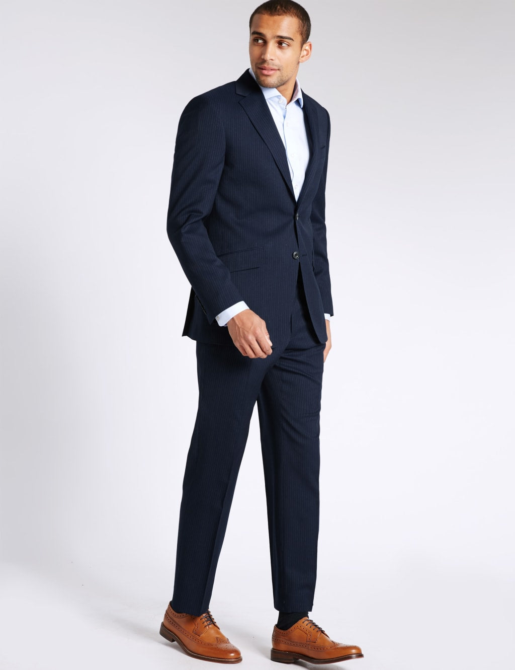 Luxury Collection Navy Striped Regular Fit Wool Trousers