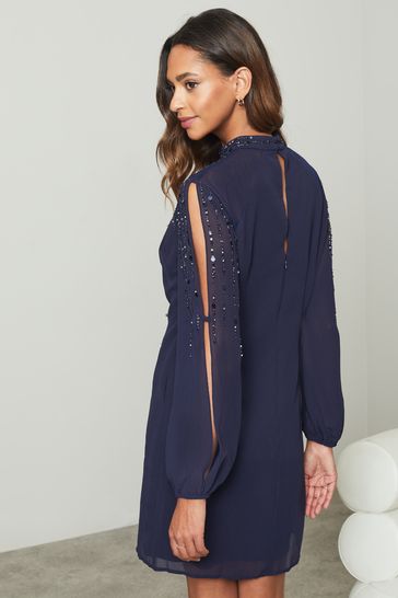 Embellished High Neck Sheer Long Sleeve Shift Dress Navy