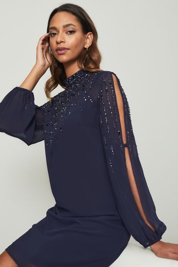 Embellished High Neck Sheer Long Sleeve Shift Dress Navy