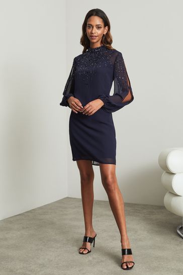 Embellished High Neck Sheer Long Sleeve Shift Dress Navy