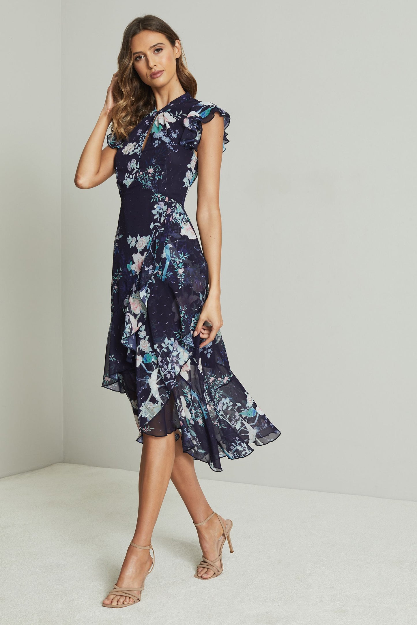 Printed Keyhole Ruffle Fit and Flare Midi Dress