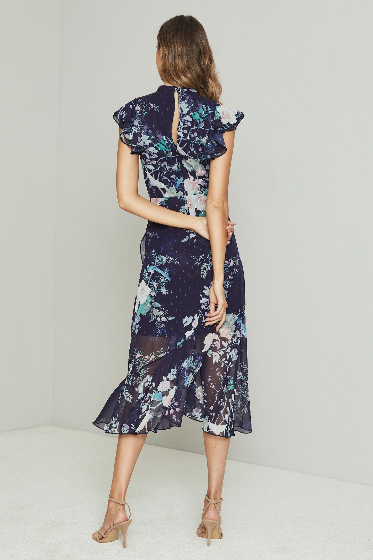 Printed Keyhole Ruffle Fit and Flare Midi Dress