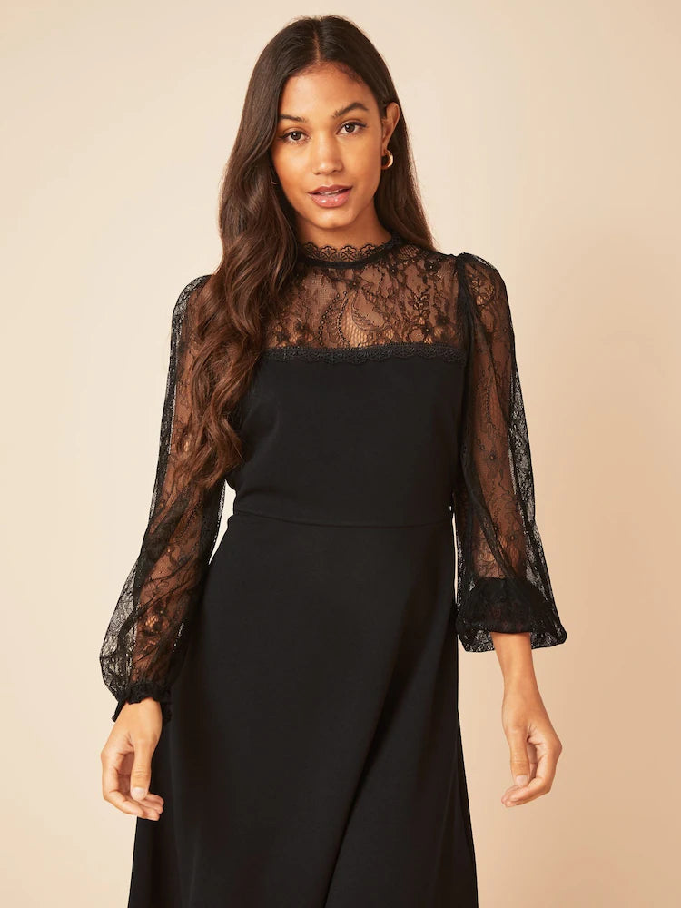 Black Lace Yoke Mini Long Sleeve Dress