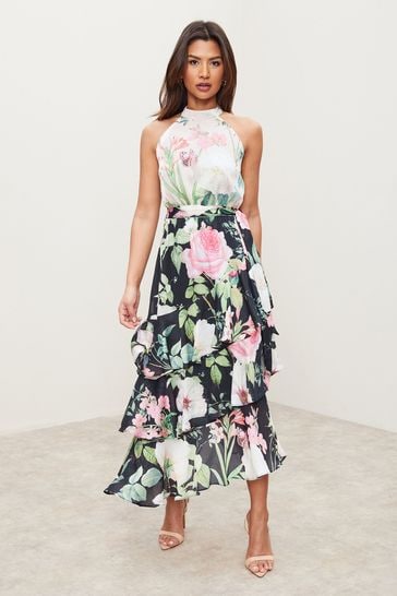 Floral Printed Tiered Halter Midi Dress